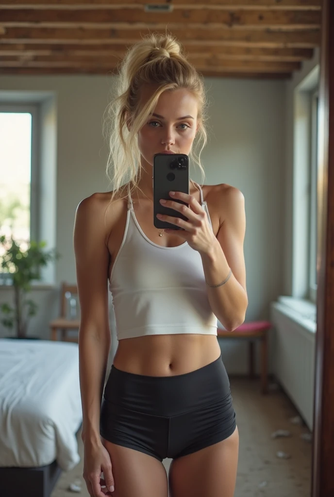 The image is a screenshot of a mobile phone screen. It shows a young curvy european white woman sitting on a bed, holding her Apple i-phone 15 pro max up to take a selfie. She is wearing a white sports bra and blue leggings with white stripes on the sides. Her blonde hair is pulled back in a ponytail and she is looking down at her phone. The background is blurred, but it appears to be a bedroom with a window and a nightstand.