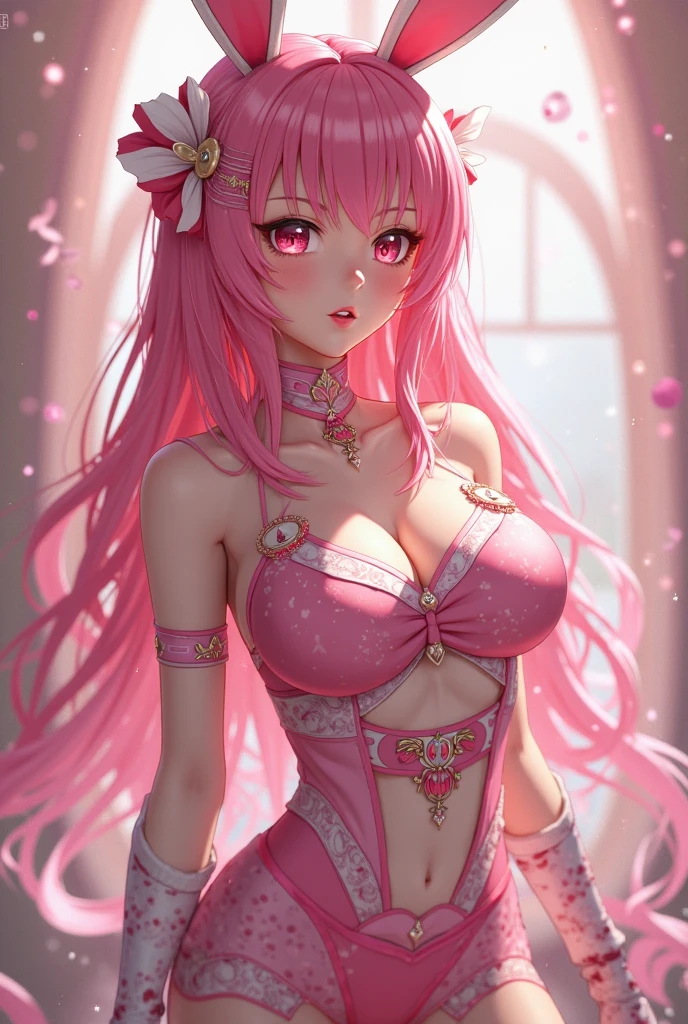 1girl (masterpiece, round_iris, extremely crisp crystalline shiny purple eyes, perfect_anatomy, extremely_captivating_hypnotic_mystic_eyes,) perfect face, long pastel pink hair, smiling evil, big breasts, pink dress with hearts, ballons, roses, hearts, valentines day, reds and pinks, dynamic pose, gamer girl, picknick, outside, park, lots of flowers, best quality, 4k