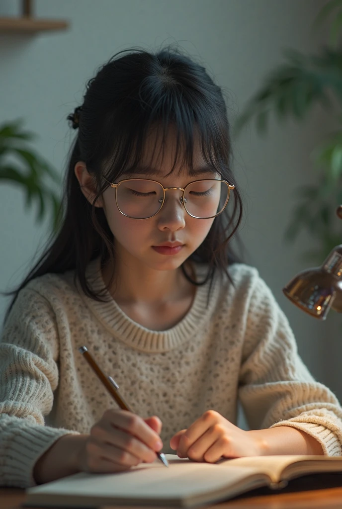 {A person} engrossed in a game of Mancala, sitting at a wooden table in a cozy indoor setting, soft natural light filtering in through a nearby window. The player should exhibit deep concentration and a sense of being lost in thought. The Mancala board should be prominently displayed, with colorful glass beads in the pits. The camera should capture this moment in a realistic photographic style, using a 50mm lens for a natural perspective.