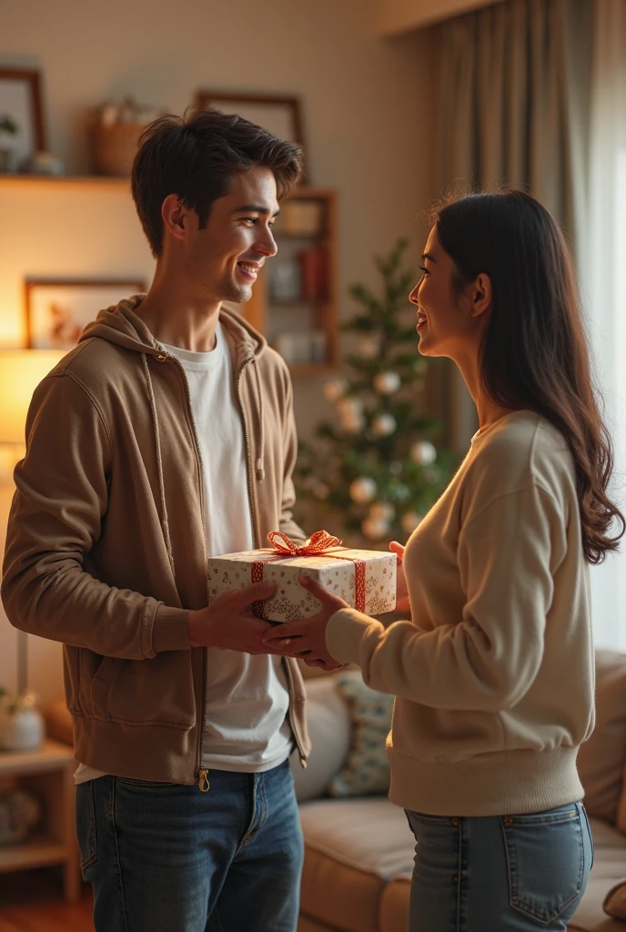 Create a realistic high-quality image showing a man giving a present to a woman in celebration of Valentine's Day. The man should be casually dressed, holding a small gift box with a ribbon. The woman, also casually dressed, should be smiling with joy as she receives the gift. Both should be standing, looking at each other with happy expressions. The background of the image should be a solid color, such as a soft shade of pink or red, with no additional distractions. The lighting should be gentle, highlighting the details of their faces and the gift.
