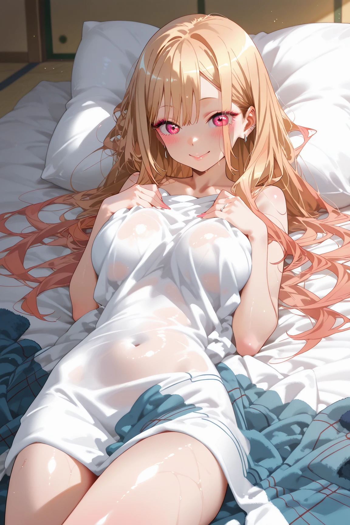 2 girls, the best, masterpiece, HD, (whole body), Symmetrical, Solitary, (whole body from head to toe), ((Moro Liberation Front)), slingshot bikini, unrealistic, (( Camel toe)), ((((translucent bikini)))), ((((translucent)))), ((((transparent)))), (((transparent clothing))), whole body视图, Look toward the camera, ((Life-size pillow)), ((dakimakura)), (Lying in bed),Physically Based Rendering, Beautiful women, Perfect body, Smile, bedroom, Giant breast, Barefoot, toe