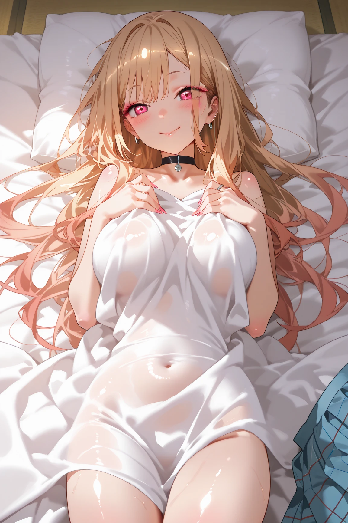 ((masterpiece)), (Highest quality), (detailed), (1 Girl),,Red eyes,Light brown hair、Long Hair、Wolf Ear、,bed、Large Breasts、Embarrassed、blush、T-Shirts(tight)Maxi Dresses