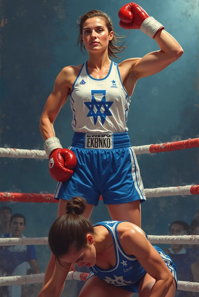 A female and male wrestler standing to other side of umpire of wrestling ,crica about 1950,wrestlers has wear clothes like langot and umpire showing female wrestler as winner