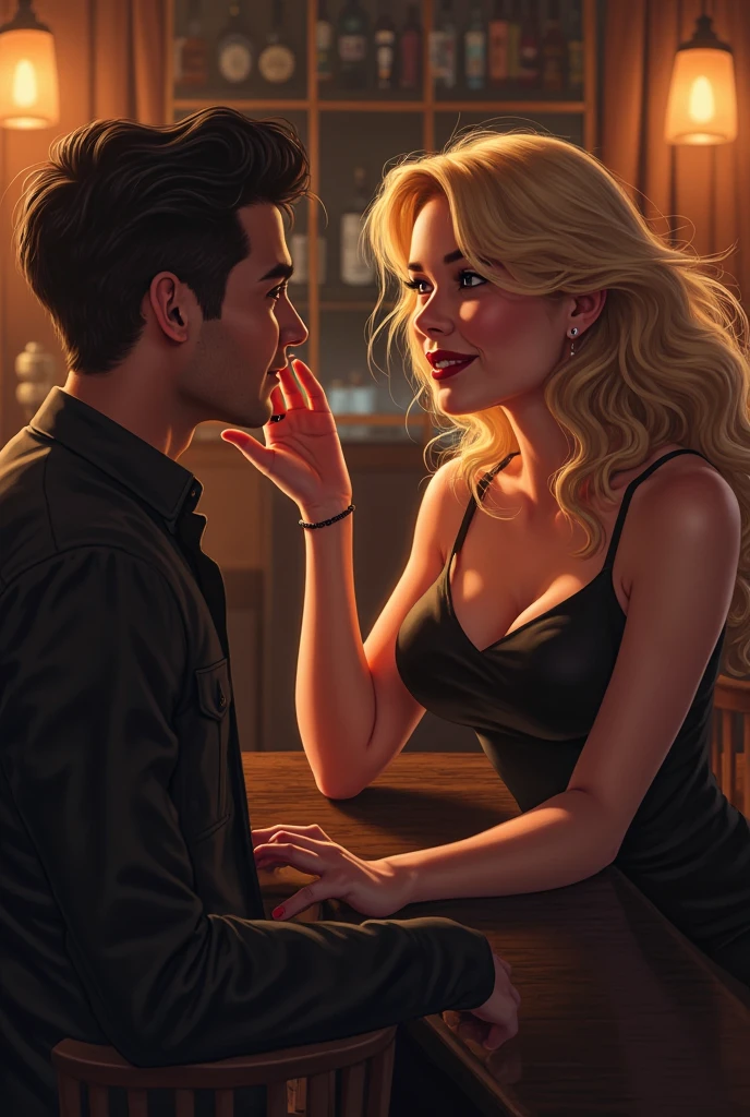 The dark-haired man with a small beard and pompadour hair and the white woman with blonde, wavy hair, went to the room, the man is holding a bottle of beer in his hand.