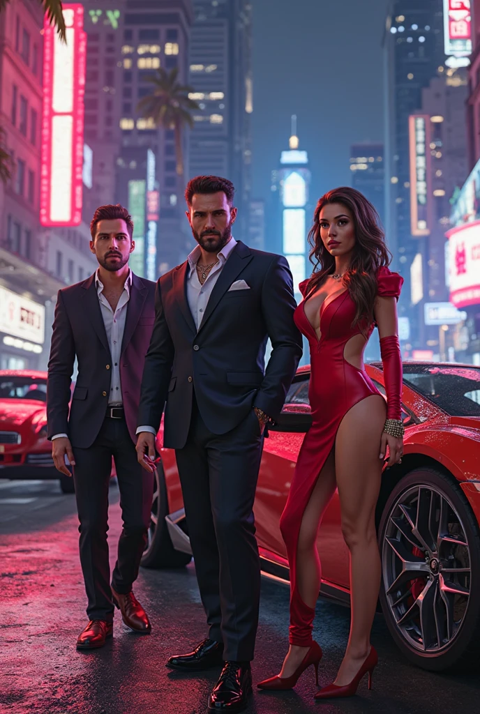 Group at the Las Vegas Strip: A group of wealthy individuals stroll down the Las Vegas Strip at night, the neon lights reflecting off their designer outfits. They’re surrounded by stacks of casino chips and dollar bills, with luxury cars parked in the background.