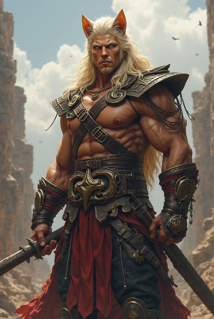 male semi elf, blonde, big scar on the left side of the face wearing a cloak