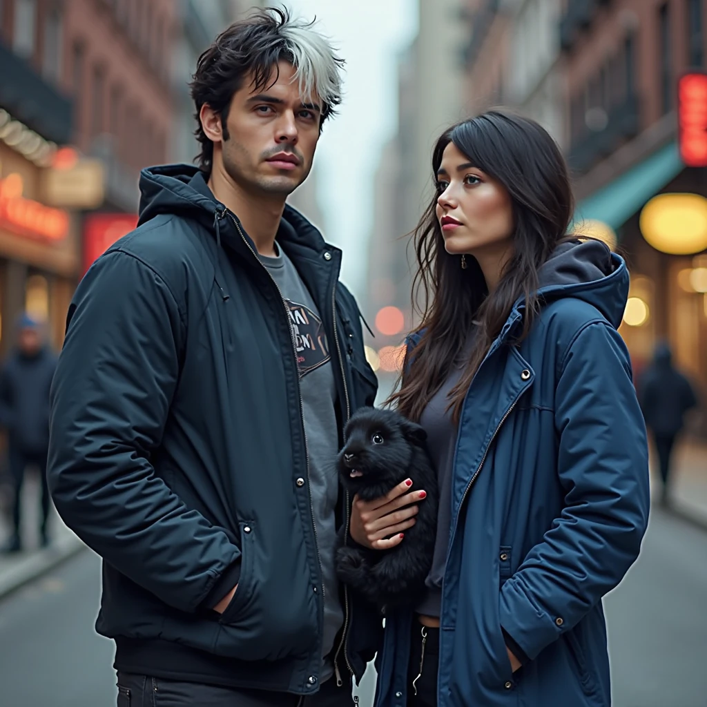 una pareja, Girl and boy, hiperrealista , CONTEXTO CIBERPUNK, CHICA CON EL PELO APRETADO, BOY WITH THE FACE OF PIERCE BROSNAN, GAL GADOT GIRL FACE, BOY WITH LEATHER JACKET