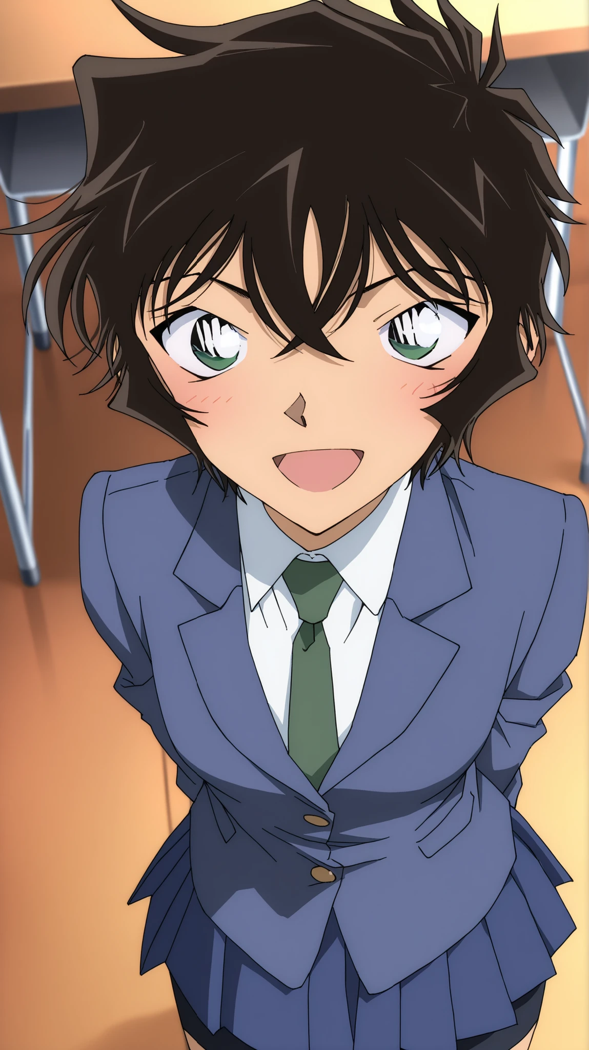 sera masumi,meitantei conan
High quality ,  best quality , masterpiece,  High Resolution , anatomically correct, Detailed face(LoRA: masumi ), detailed hair style (LoRA: masumi ), anime Coloring, screencap
solo, 1 girl,adult,cool beauty
short hair, black hair, green eyes,small breasts,
, skirt, shirt, Detective Conan school uniform, jacket, white shirt, pleated skirt, green necktie, blue skirt, blazer, Blue jacket, green blazer, black bike shorts,
looking at viewer ,close up, from above,upper body
classroom,
 , , happy,smile,open mouth,blush
