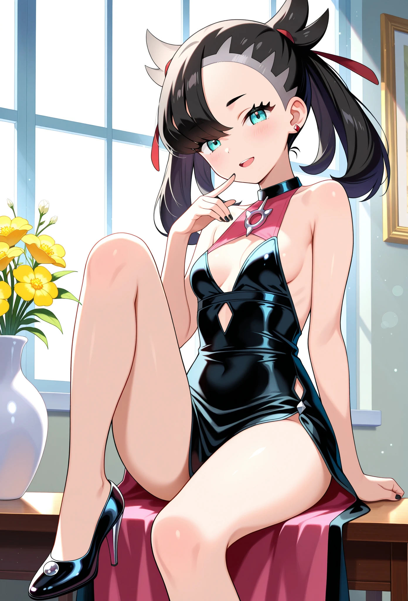 slender beautiful girl、One Person、small breasts、Pink cheongsam swimsuit、HI-RES、Max Quality、Fine details、Does not blush cheeks、kneehighs、Bun hair