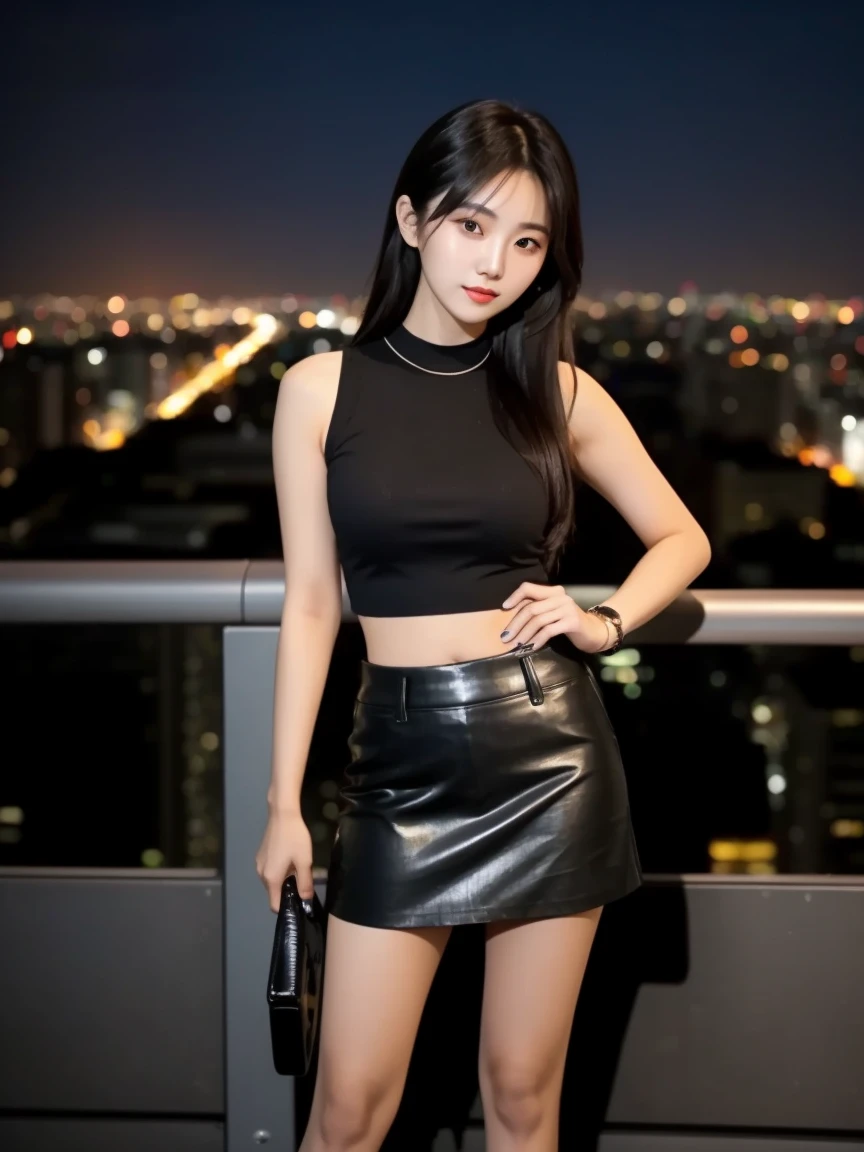 ((midynight, Acura, 8K, tmasterpiece: 1.3)), full bodyesbian, long leges, Focalors: 1.2, perfect figure beautiful woman: 1.4, Slim abs: 1.1, (dark brown hair,: 1.2 )), (tight tshirt, short skirt,sitting on a stool: 1.2), (city night scene, the roof: 1.3)), Highly Detailed Face and Skin Textur, detailedeyes, 二重まぶた,