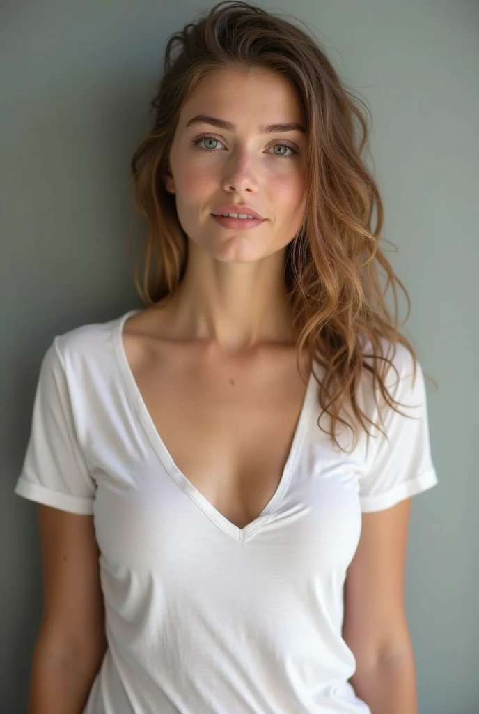Photo of a stunning 23 year old girl , brunette hair , portrait image, White blouse, Smileing, Blick in die Kamera , spectacular lighting, splendid, (deep cleavage), Fotoshooting, westlich, (Meisterwerk), best quality, high resolution, Extrem detaillierter Hintergrund, Haut mit Poren,