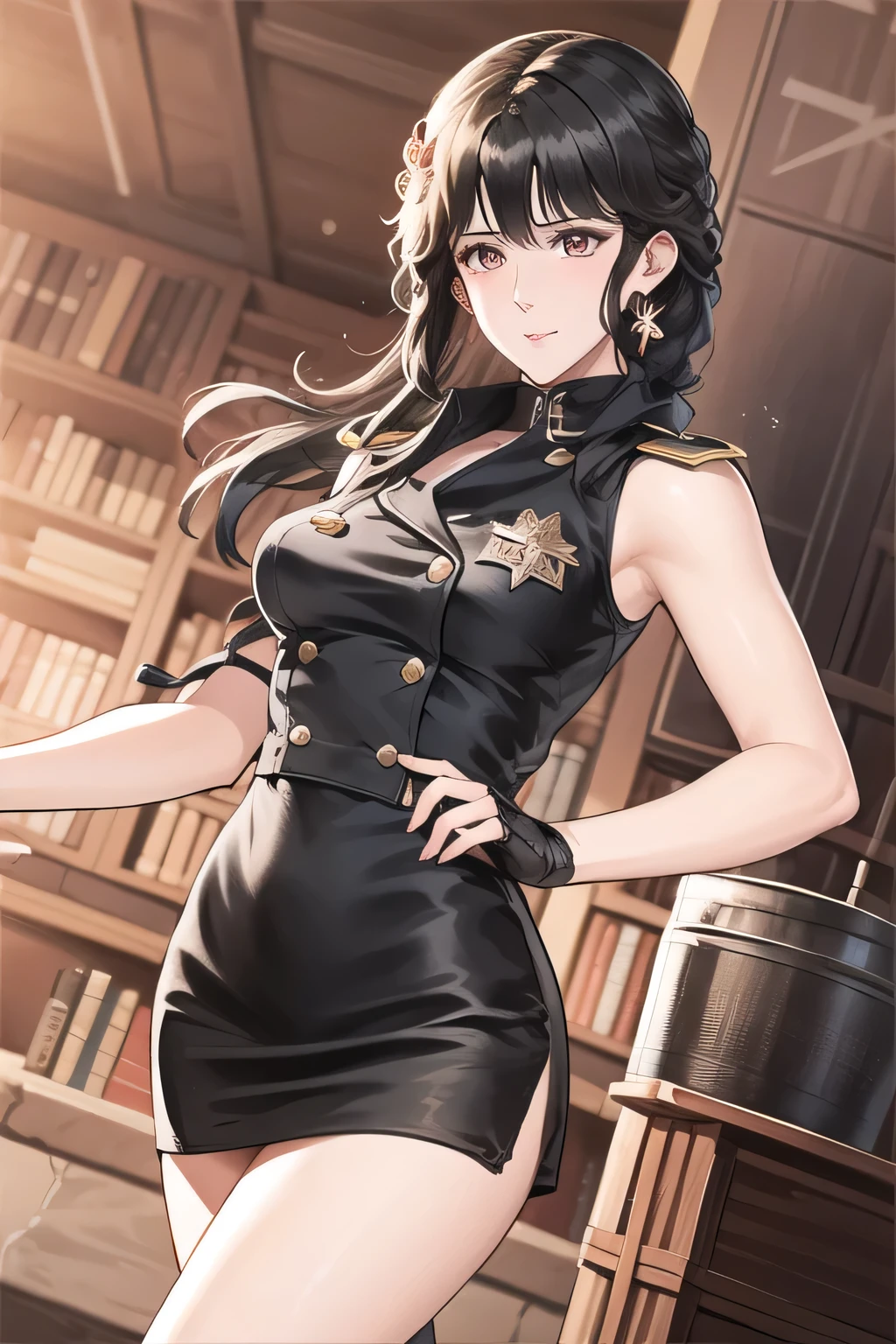 can you draw a woman with long black hair,face is absolutely necessary,Can you draw an accurate representation of hands and legs,wearing miniskirt police uniform, , With a ruthless look, Hitman, Assassin ,can you draw a woman in a black sleeveless miniskirt dress,With a ruthless look,I need a face so much,,