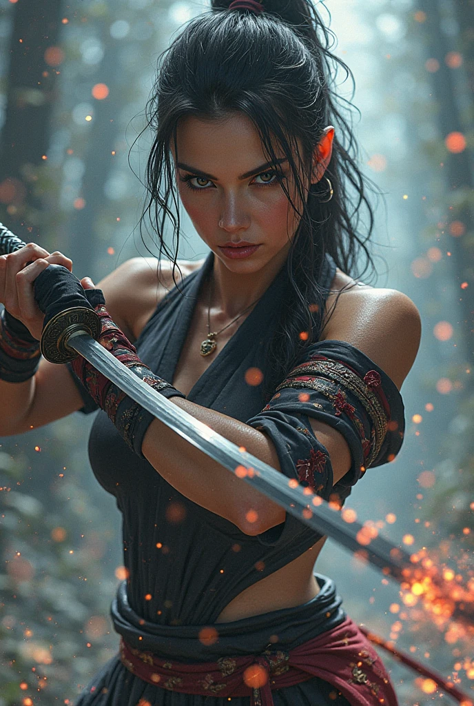 Beautiful woman as ninja warrior preparing for another fight, woman is  strong and ??????????, she is holding a katana sword in pre-strike pose, her body is wet of sweat, her body is full of small mud particles, cinematic particles from Japanese apple floating over the scene, She is surrounded by enemies, the enemies are in moving and blurry, dark cinematic, intricate details, masterpiece, best quality