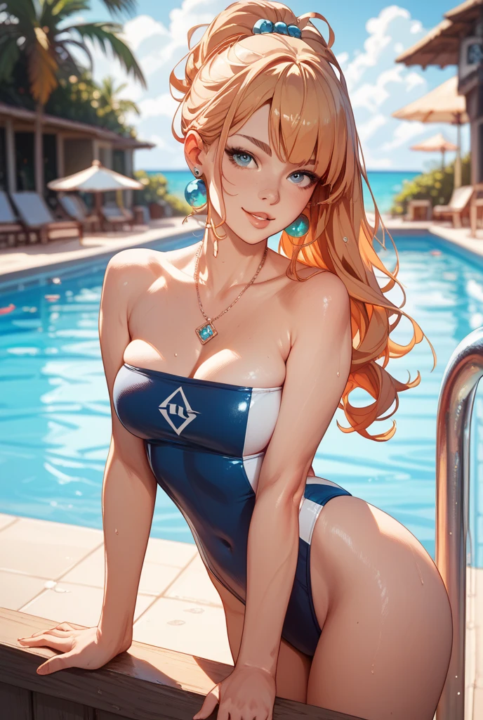 a beautiful woman siting at a bar of a futuristic restaurant with a beautiful pool where people are swimming in the background a roman style look of the ambience