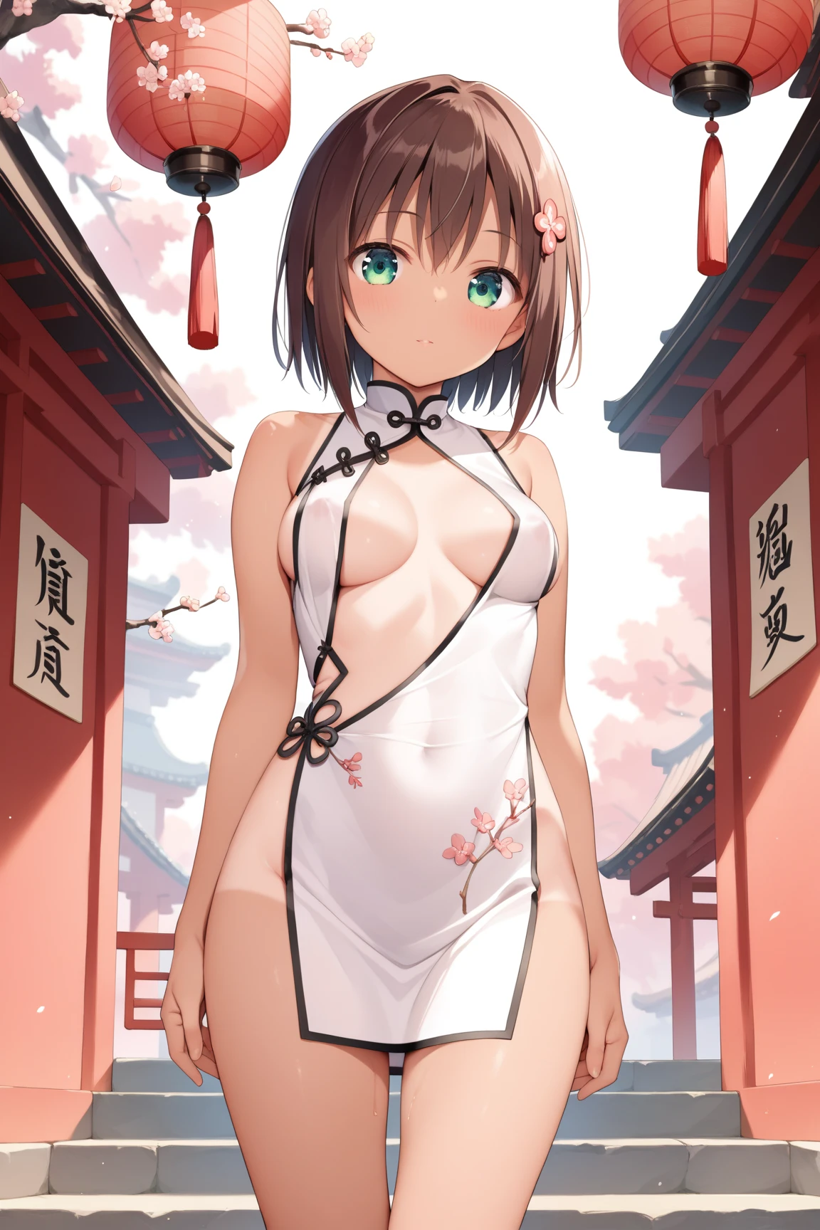 hiten kei style, ((Topless)), nsfw, ((Masterpiece)), ((Best Quality)),Ultra High Resolution, Caustics, Detailed, Beautiful Detailed Eyes, solo, shrine maiden, red hakama, cowboy shot,18 year old beauty、shinto shrine, pond, navel, slender body, ideal ratio body proportions,oily skin, gleaming skin,sweat, large breasts, icy blue eyes, (short hair), brown hair, bob cut, smiling、standing, nipples, breasts, bare shoulders, bare breasts, straight bangs, side bangs, armpit, body graffiti, ink, shrine, morning, huge nipples