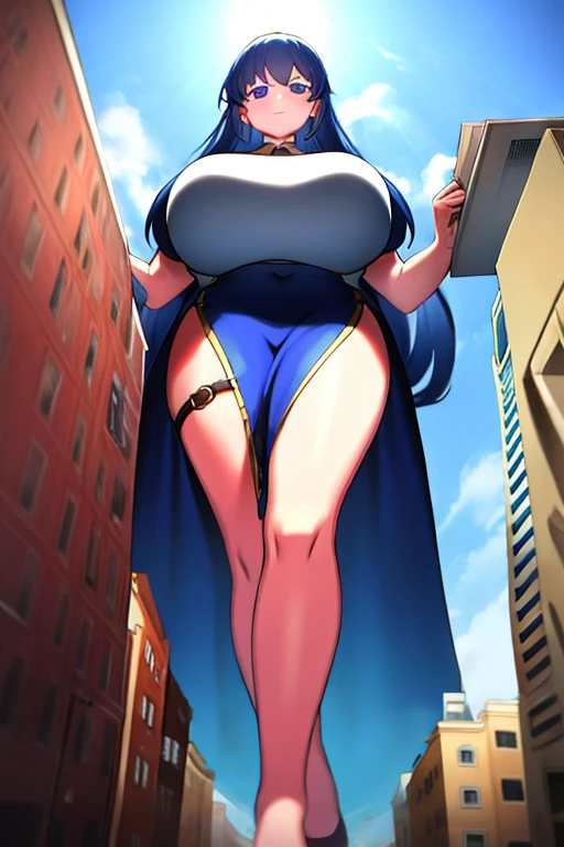 Giantess, wide hips, thick thighs, symmetrical face, symmetrical eyes wide hips, thick thighs, huge thighs, huge butt, looking down, evil smirk, blue sky, lying on side, city, giga giantess, gts, giantess laying on a cityscape, destruction, rampage, huge craters, ravines, cracks in the ground, smoke, fire, destroyed city, ruins, rubble, debris, crumbling, destroyed buildings, knocked over buildings, toppled skyscrapers, crumbling buildings, falling buildings, rampage in the city, destruction in the city destroyed cityscape