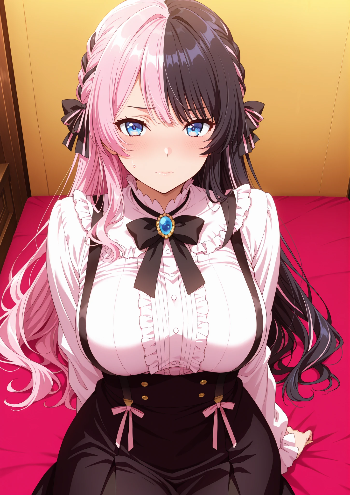 solo,masterpiece,best quality, amazing quality, highres, absurdres, very aesthetic, high resolution, ultra detailed, perfect details,Hinan0Def, blue eyes, (multicolored hair), pink hair, black hair, long hair, french braid, hair bow, black bowtie, brooch, frilled shirt, white shirt, long sleeves, black skirt, suspender skirt,mature female,(masterpiece, detailed:1.2),anime screencap,medium breasts,look at viewer