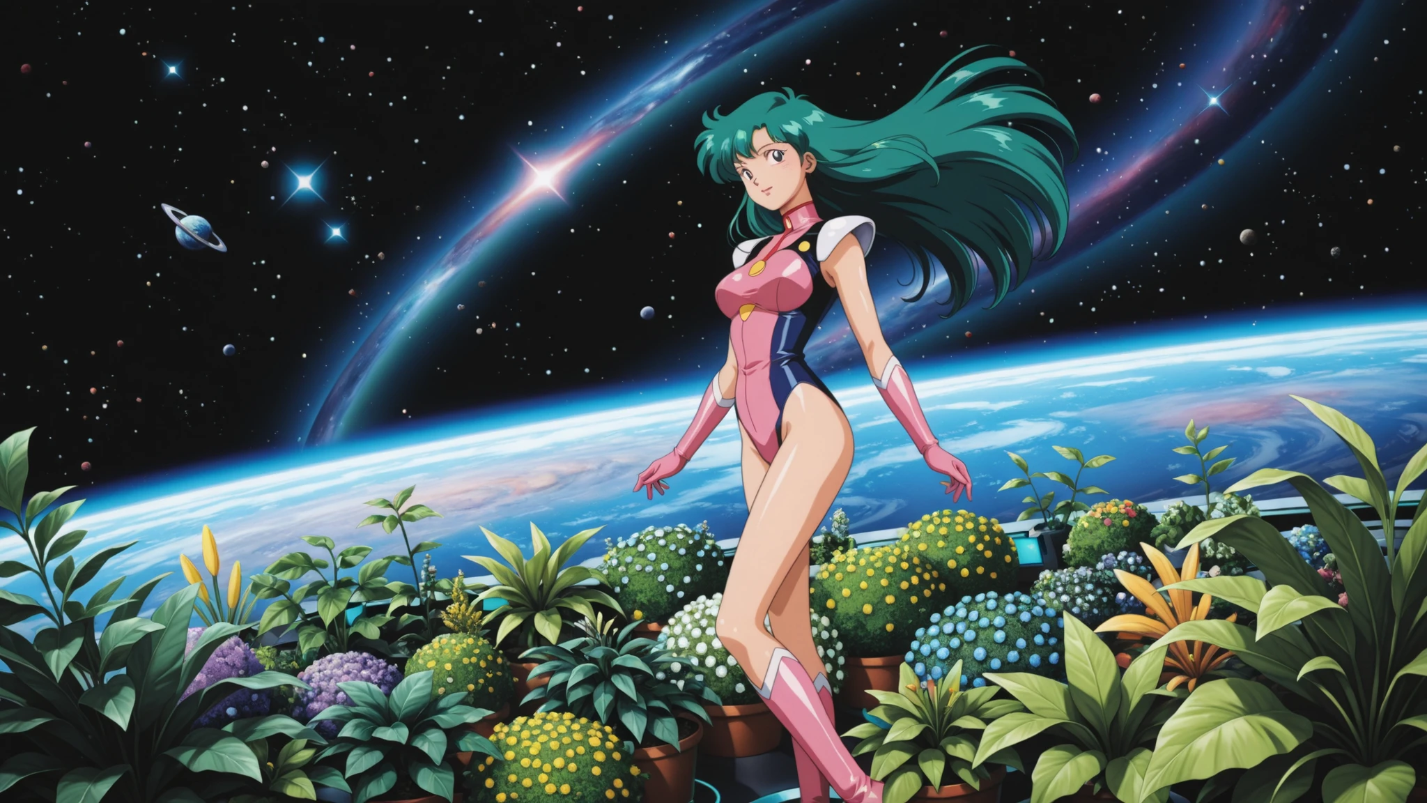 Time Gal with long green hair, standing in a lush artificial garden in space, in full view in a highly detailed anime style