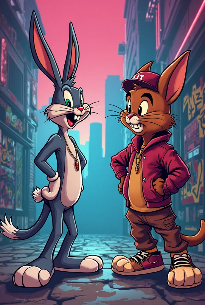 Fight scene between a human Rabbit, wearing baggy skater clothes in gangster style, skateboarding, bad face and a scar on his eye against a turtle in a suit, sunglasses, and a cigarette in his mouth
