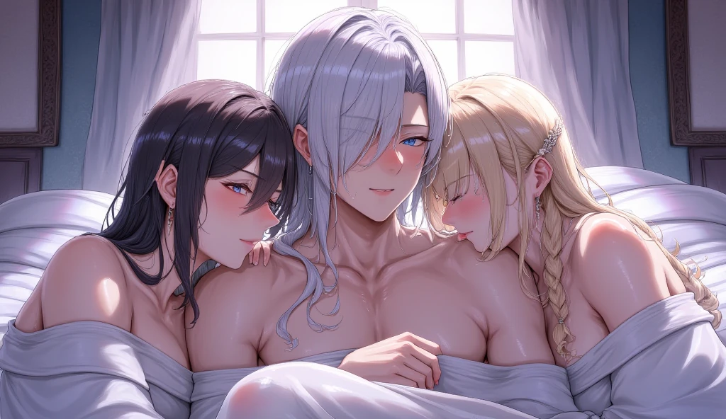 masterpiece, highest quality, Medium wide shot、cowboy shot、NSFW、prostitute、naked men and women、special party、 1 mature woman、(mint, blue eyes, braid,、long blonde hair、hair between eyes)、((big breasts、huge breasts、big areola、erect nipples))、 (((Full naked、nudist)))、 ((pubic hair、hairy、pubic hair、pubic hair))、library、Two naked men、One、(woman sandwiched between men、woman between men、Woman Opening Legan Standing)、((spread legs woman、A woman being held by a man、man holding a woman))、(((love juice、semen、Sweat、Pissing、saliva)))、Estrus Woman、Sex Parties、vagina、penis、ahegao、M-shaped spread legouth open、Surrounded by children、