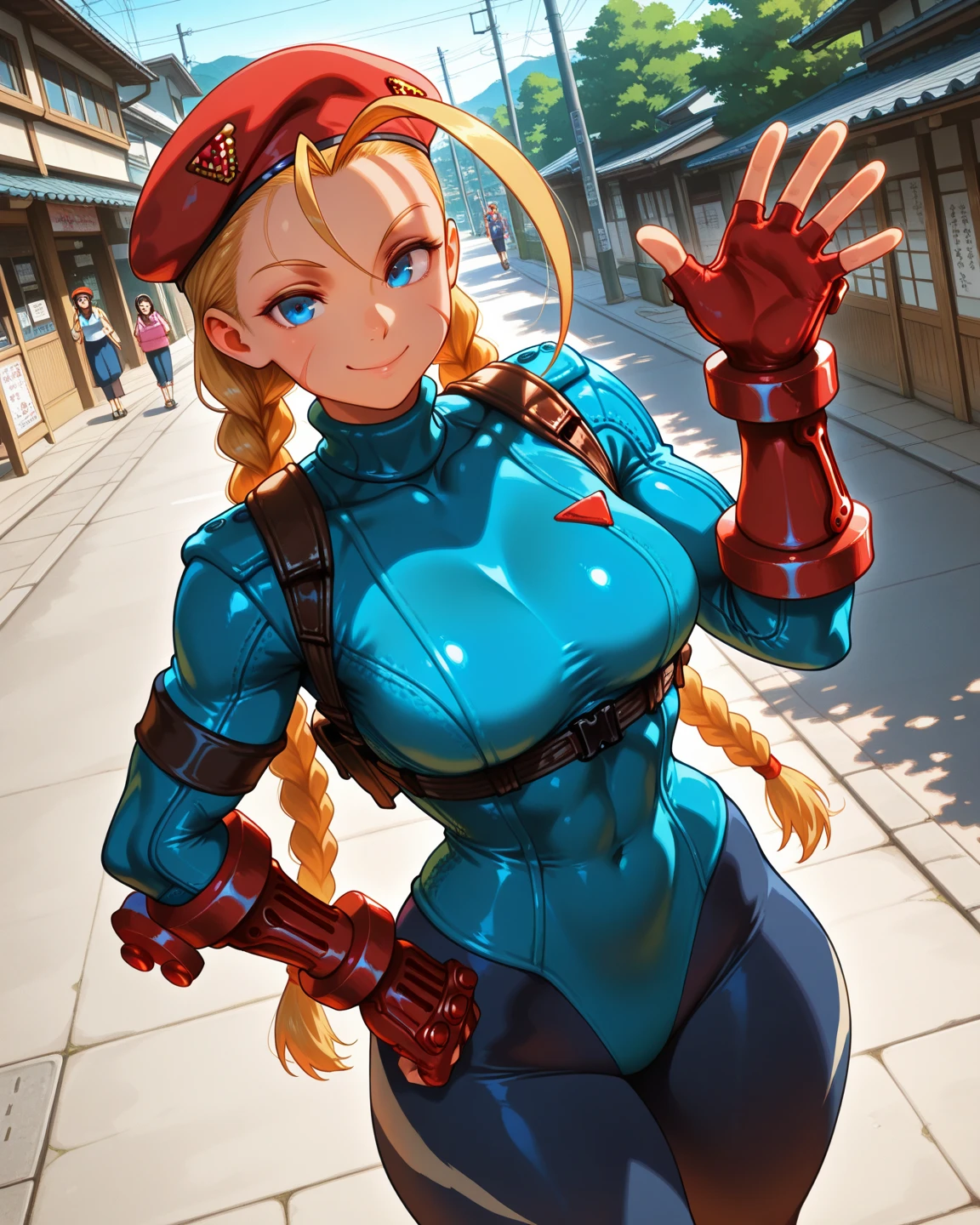 (masterpiece, best quality, ultra detailed, absurdres)1.5, 1girl, (sexy, beautiful woman, perfect face, perfect eyes, perfect female body, breasts, <lora:PerfectFullBreasts-fCV3.5:1>)1.5, (tiffanylords, bandana, leotard, boxing gloves, striped thighhighs, <lora:tiffany-nvwls-v1:0.8>), (standing in the middle of an empty Japanese street, Japanese city in background, sunset), perfect lighting, smooth, hdr