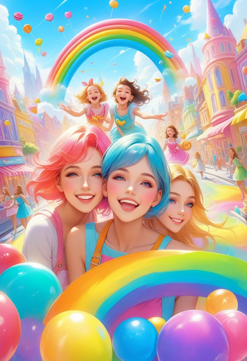 a surreal psychedelic artwork, three extremely beautiful young women in body painting laughing, erotic atmosphere, (best quality,4k,8k,highres,masterpiece:1.2),ultra-detailed,(realistic,photorealistic,photo-realistic:1.37),hyperdetailed faces, intricate details, vibrant colors, dramatic lighting, dreamlike surreal setting, ethereal atmosphere, sensual poses, high fashion lingerie, glossy skin, long flowing hair, alluring expressions