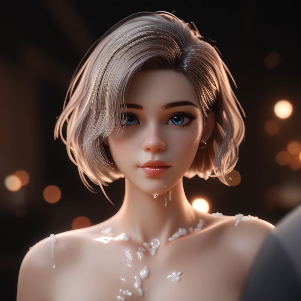 (Fotos RAW: 1.2), (Fotorrealista: 1.4), (Obra-prima: 1.3), (Melhor Qualidade: 1.4), ultra high-resolution, (Detailed Eye Features), (detailedfacialfeatures), (Recursos Detalhados da Roupa), HDR, 8K分辨率, Foco Solo, Bangs, Aperto na Pele, Pele Brilhante, (Beleza Esbelta), Seios Grandes, 18 Anos, Sem Letras, Cabelo Bob, Cabelo Curto, Cabelo Branco, Olhos Azuis, Uma Mulher, Small Detailed Cloth Underwear, (senta-se com virilha estendida: 1,2), (coxas finas), sorriso