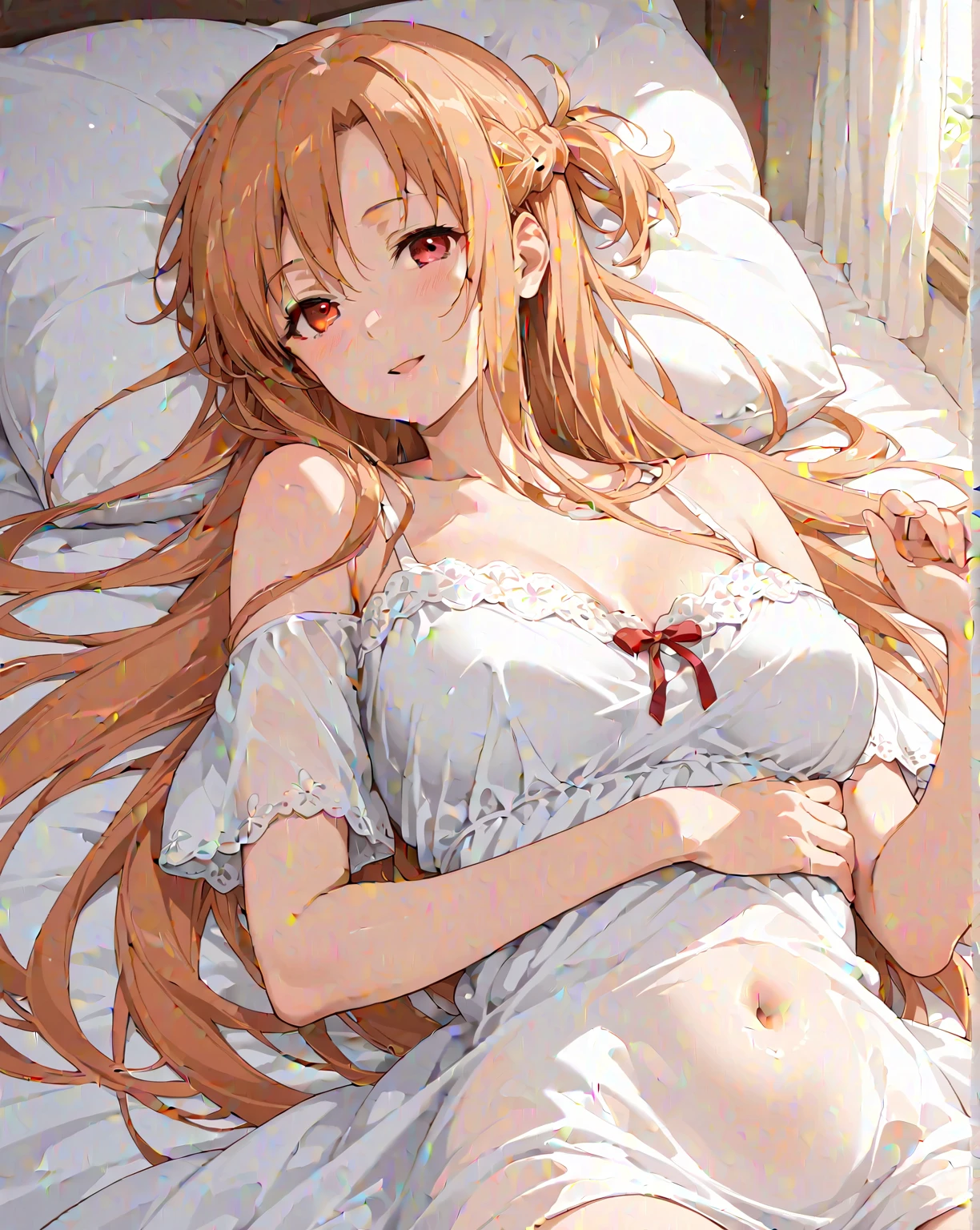 ((Tabletop)), ((Highest quality)), (Super detailed), Anime Style, Looking down from above, On the bed, cute, One Girl, alone, Underwear 00, ((Beautiful Eyes)), Big ample breasts, smile