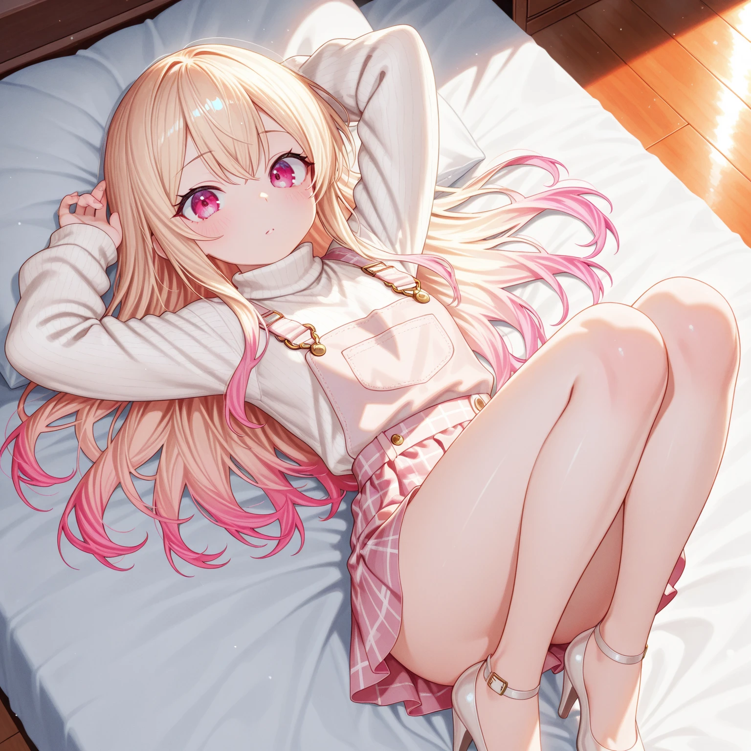 a cute 6 year old church girl named Anna, both brownish blonde hair, long wavy hair, smile, short sleeved jersey tshirt, pink shorts, wearing a pink hairband, on knees, praying, eyes closed, sunset, slight smile, wristbands, barefoot, 5 fingers