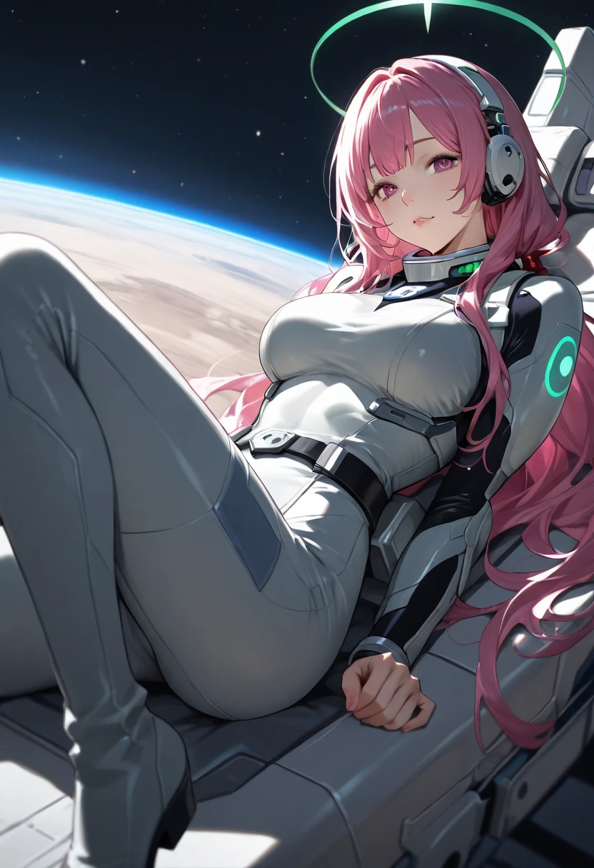 (Masterpiece)), ((highest image quality)), ((highest image quality)), (illustration of one person), full body, (((25 years old)), (face is a girl, body is a man)), (((pink hair twin tails)), light gray eyes, ((tall)), ((flat)), (small breasts), ((muscular strong male body)), (muscular chest plate)), (muscular and thick arms)), (muscular and thick legs)), (( ( manspreading)), open legs, ((white pilot suit)), ((in the cockpit)), (space on the monitor, Earth seen from space, spaceport)
