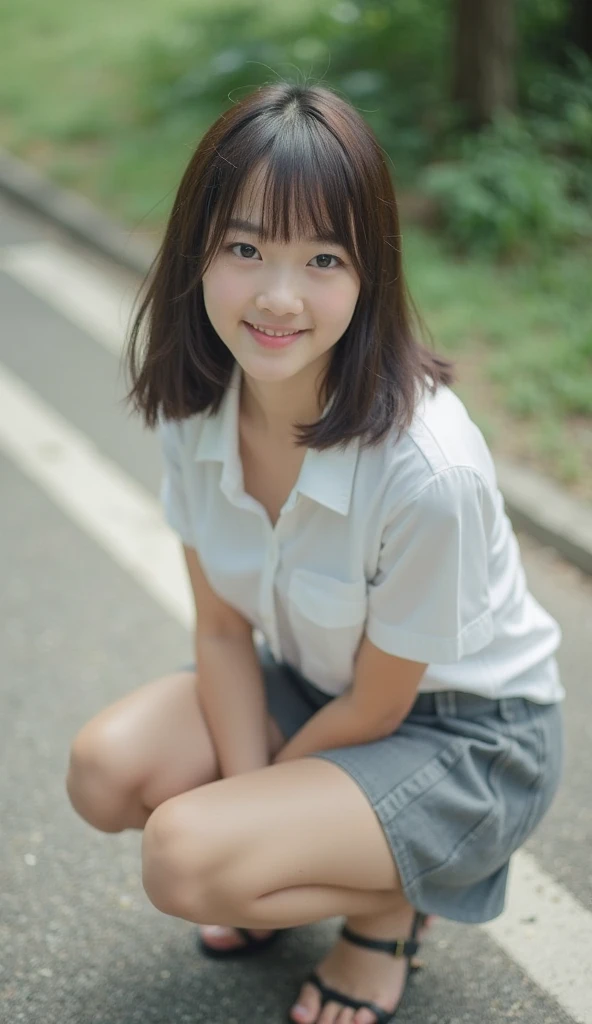 Masterpiece、Raw photography、(((Ultimate Beauty Portrait)))、((glistning skin))、close mouth、no mask、dark brown eye、teen、highschool girl、age 15、natural make、short bob、((​masterpiece、top-quality、ultra-detailliert、intricate-detail、hight resolution、highly detailed))、8KUHD、Digital SLR、Soft light、high quality 、Shallow depth of field、natural soft light、Sitting on the floor holding knees, W sitting, Shy smile , Beautiful skin, ((of the highest quality, 16 K, masterpiece: 1.3)), 1 girl, Light on Face, hyper detailed face, very detailed lips, Detailed eyes、real looking skin、(white panties, plain white:1.3)、spread legs、skirt lift、white dressed shirts、school student uniform、white shirts、pleated skirt、front view