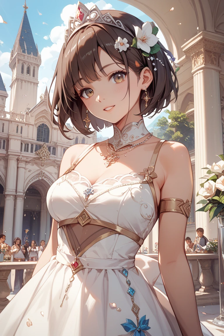 (masterpiece), 1girl, solo, best quality, blue eyes, perfect face, best quality, kemonomimi, bear ears, animal ears, brown hair, short hair, messy_hair, BREAK freckles, huge breasts, hourglass figure, (greek clothes), standing, :o, half closed eyes, white dress, greek clothes, bare shoulders, necklace, earrings, smile, blush, closed_mouth, grass, ((ruins)), landscape, outdoors, cloudy_sky, looking at viewer, cleavage cutout, greek clothes, peplos, navel cutout
