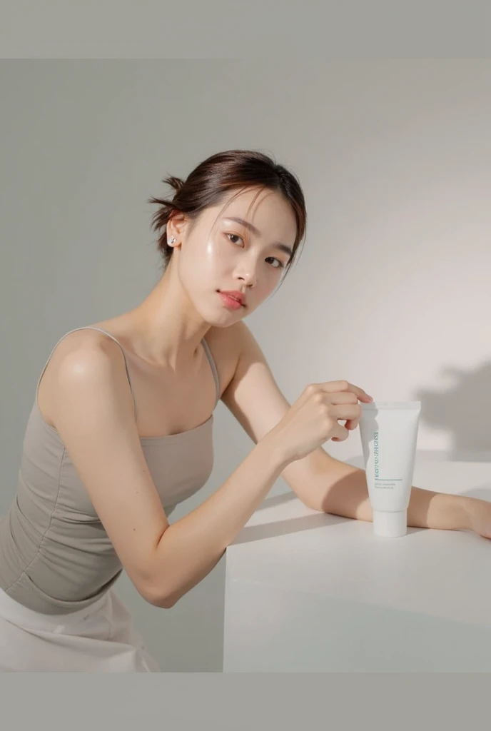 1 FEMALE-FOCUSED, A BEAUTIFUL FEMALE MODEL HAS A COSMETIC BOTTLE IN HER HANDS, WEARING WHITE SHIRT, THE MODEL'S SKIN IS HEALTHY AND CLEAR, AND THE COSMETICS BOTTLE SHINES LUXURIOUSLY, SKIN CARE, FLOWER, COSMETICS COMMERCIAL PHOTOS, CLEAN ATMOSPHERE, IN THE STUDIO, SHOT ON HASSELBLAD CAMERA, MEDIUM FORMAT, DRAMATIC LIGHTING, LUXURY BRAND COSMETIC