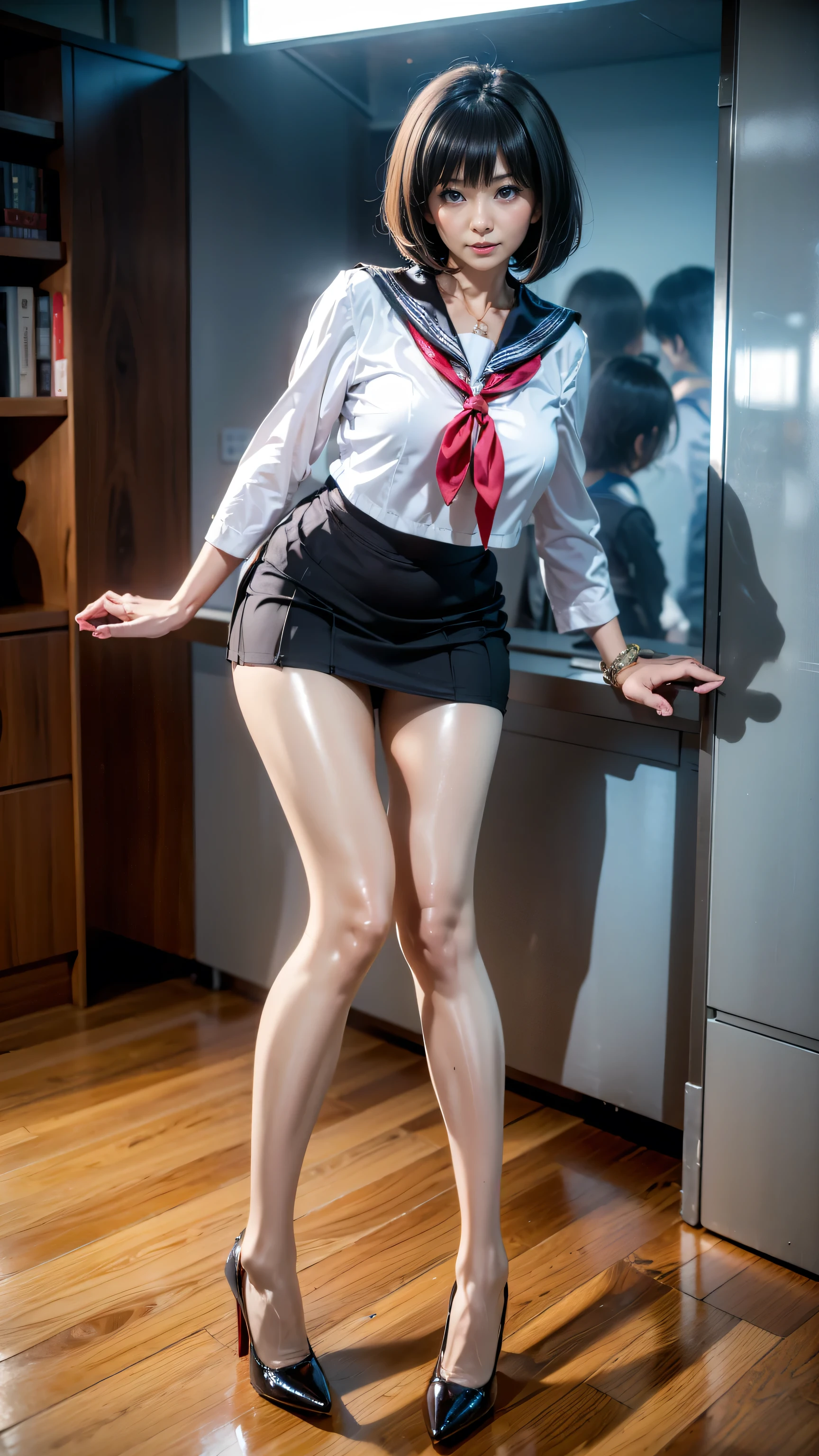 1woman, black hair, hair in a bun, sssniperwolf face, two piece sheath skirt, black pantyhose, tights, high heels, female office secretary outfit, office cubical background, standing straight with hands in lap, 8k uhd, dslr, soft lighting, high quality, photorealistic, realism, hyperrealism, art photography  (urination:1.5)wetting herself desperate