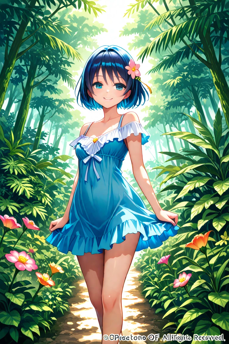asakura_yume,Brown Hair,Medium Chest,Aqua Eye,White skin,((Are standing)),smile,breast enhancement,((Navy Blue_Camisole long dress)),((valley)),No bra,smile,