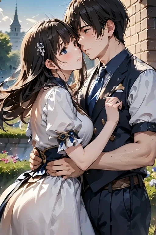 ( masterpiece、 Best Quality 、 Super Fine )、( Beautiful Face、 Beautiful Eyes)、1 woman、The moment two guys、ugly guys hug、3 good friends、Gorgeous Dress、Holding a glass、sky、building、A garden with flowers、