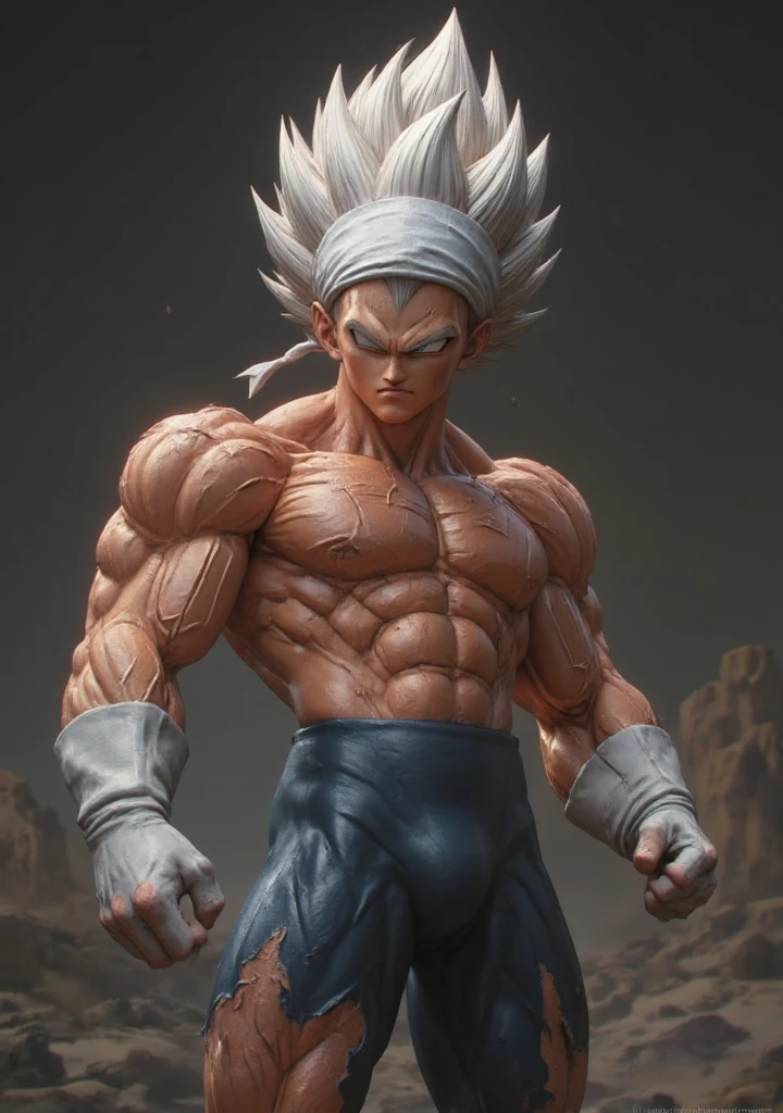 Goku, super saiyan, exquisite hair, arm depiction, white and blue hair body, exquisite shoes, eye depiction, exquisite hair, popmart blind box, clay texture, stepping on the land, black and white background, natural lighting, most good quality, super detail, 3D art, c4d, OC renderer, 3D rendering, 8k