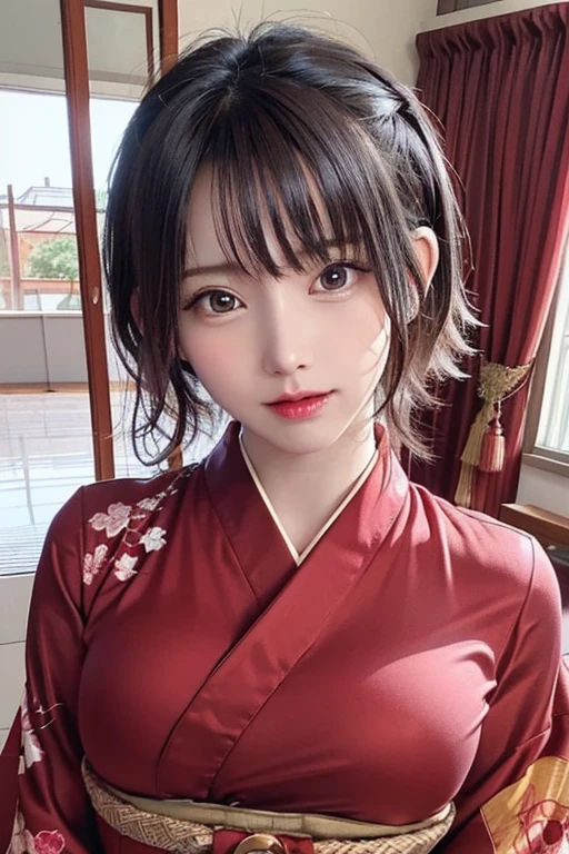 8K highest quality, masterpiece, Perfect dynamic composition, Highly detailed skin and facial textures:1.3, Japanese-style room at night、 1 girl, Fair skin, ((Transparency:1.1)), ((Huge breasts:1.0)), ((Black and red patterned yukata:1.3))， (Unbuttoned yukata), I can see her cleavage、 Written boundary depth， High resolution， RAW is very detailed， Highly detailed eyes and face， Sharp pupils、Cinema Lighting，