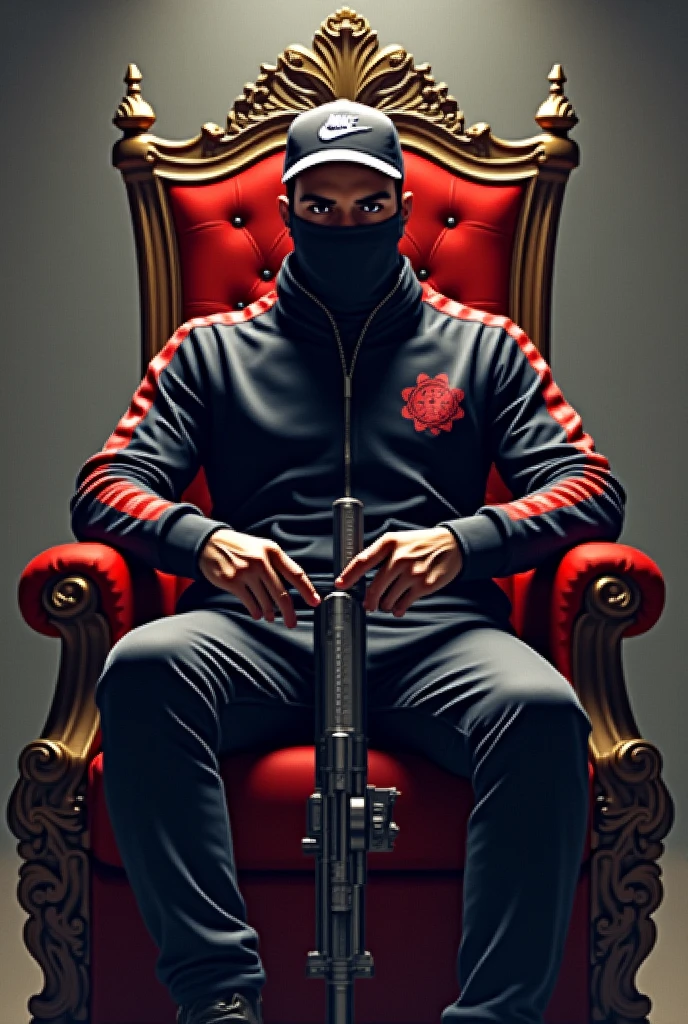 A man with black bangs covering his face sitting on a throne wearing a Manchester United jersey.