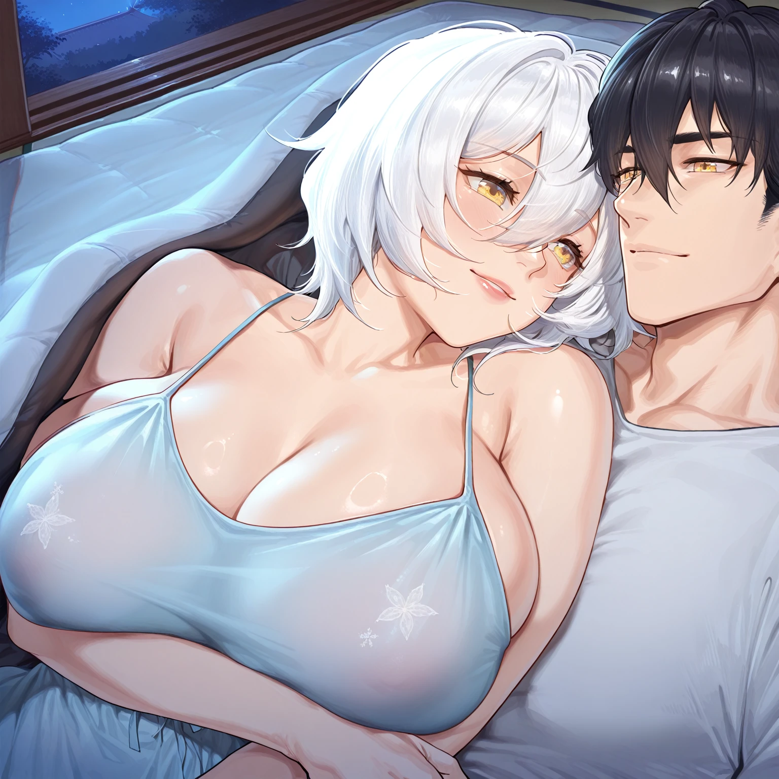 (((masterpiece))), ShizukaMikazuki, One Girl, One boy,male and female couples, View your audience, Long Hair, Gray Hair, ((close your eyes)), Cleavage, （Very large breasts）,clavicle, Mature Body,Glamorous body,Trained abdominal muscles,Make your face a little smaller,Enlarge your breasts,tall,Blushing,Laugh shyly,Sweaty all over,White Breath,Charm choker,Earrings,Detailed expression of fingers,Night view bed,blue eyes,High Ponytail,Make your lips bigger,thicken lips,Red lipstick,Exposed nipples,Open your mouth,please lift your chin,(Pink Nails),Tilt your head,(woman:Black Micro Bikini.male:suit),,smile,Put your hands on your face,Two people hugging each other