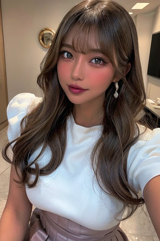Arafed woman with long brown hair and pink lipstick posing for a photo, brown pelo largo con flequillo, brown hair with bangs, pelo largo con flequillo, brown hair and bangs, nodded, el corte de hime, ilya kuvshinov con pelo largo, con cara redonda, brown hair and big eyes, cindy avelino, imagen filtrada