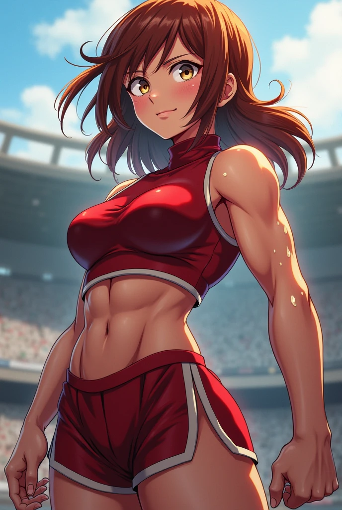 Cute girl, fierce boxer, short curly brown hair, light brown eyes, smile, red collar, tight red clothes, red bra with black stripes, red pants, exposed stomach, bare shoulders, short pants, big breasts,