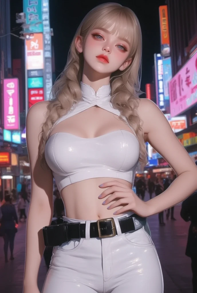((best quality: 1.4)),((masterpiece: 1.4)),((highly detailed: 1.4)),8K,RAW,((photografic: 1.4)),bokeh,sharpeness,((cinematic: 1.4)),Super-resolution,Super-realistic,Super-resolution,volumetric,ant-aliasinuted colors: 1.4)),UHD,high details,contour,((deep of field: 1.4)),grain,noise,reflections,70mm lenses,((1 cyberpunk girl)),((full body view)),((huge boobs: 1.2)),((white half open shirt)),((pink miniskirt)),earring((blonde hair,ponytail: 1.3)),((hollywood lips: 1.4)),((pale skin: 1.2)),((body abs: 1.1)),