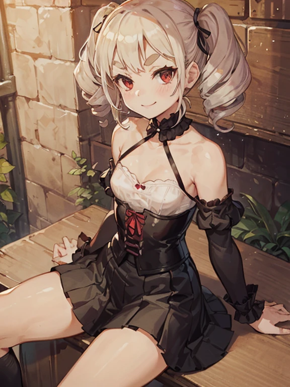 A female empress, short white hair, with yellow eyes, mostrando os peitos, legs open showing pussy, with an angry face and a provocative look. Wearing traditional Chinese imperial clothing, decorated in gold with black details, with red Hanafuda earrings, with a short red skirt. On your knees in a hotel room bed, with a sunset in the window in the background.