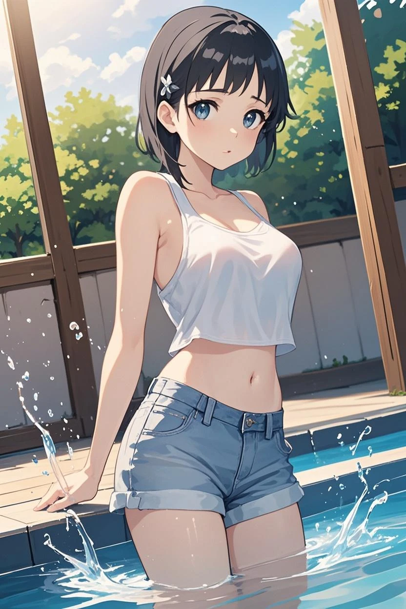 Cute thin girl 12 years old in short swimming trunks, in a torn wet T-shirt, flat chest