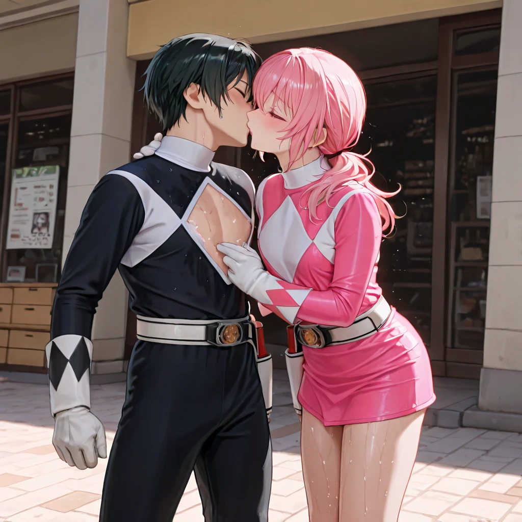 Girl with cat ears and pink hair hold her boyfriend in Green meadow Behind them is a house