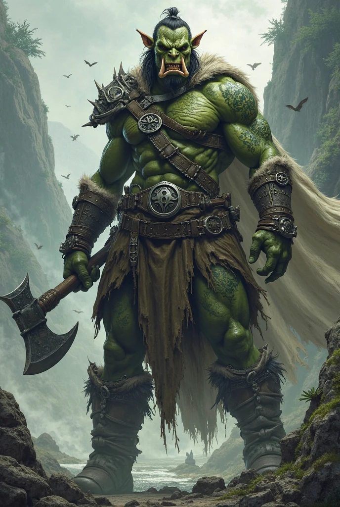 Draw a full-body portrait of an orc、Full length 2m、7 heads、Skin is a shade between green and flesh tones.、Eyes are black、Thick arms and legs、My legs are twice as big as my armuscular and smart、Human-like clothing、Realistic、no hair、Thick body hair、A little more slender、Limbs are the same length、Body shape is the same as an elf、Putting on your shoes、With chest hair、Arm hair、Covered with hair except for the face、He is wearing leather armor and the skin on his chest is not visible.、Armed with a sword、