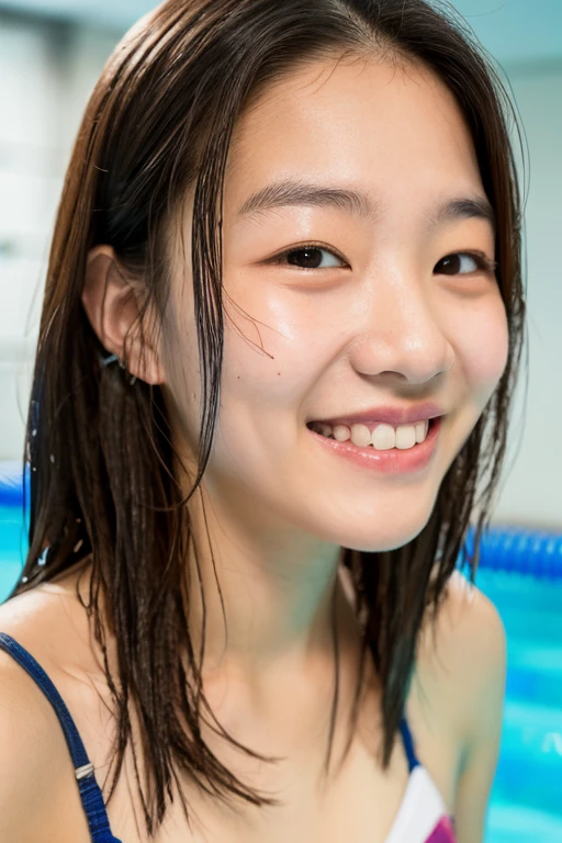 (Beautiful 12 year old Japanese girl), cute face, (deeply carved face:0.7), (freckles:0.6), dramatic lighting, shy, ponytail, (smile), (sparkling eyes), bikini slender, pool, raise both arm
