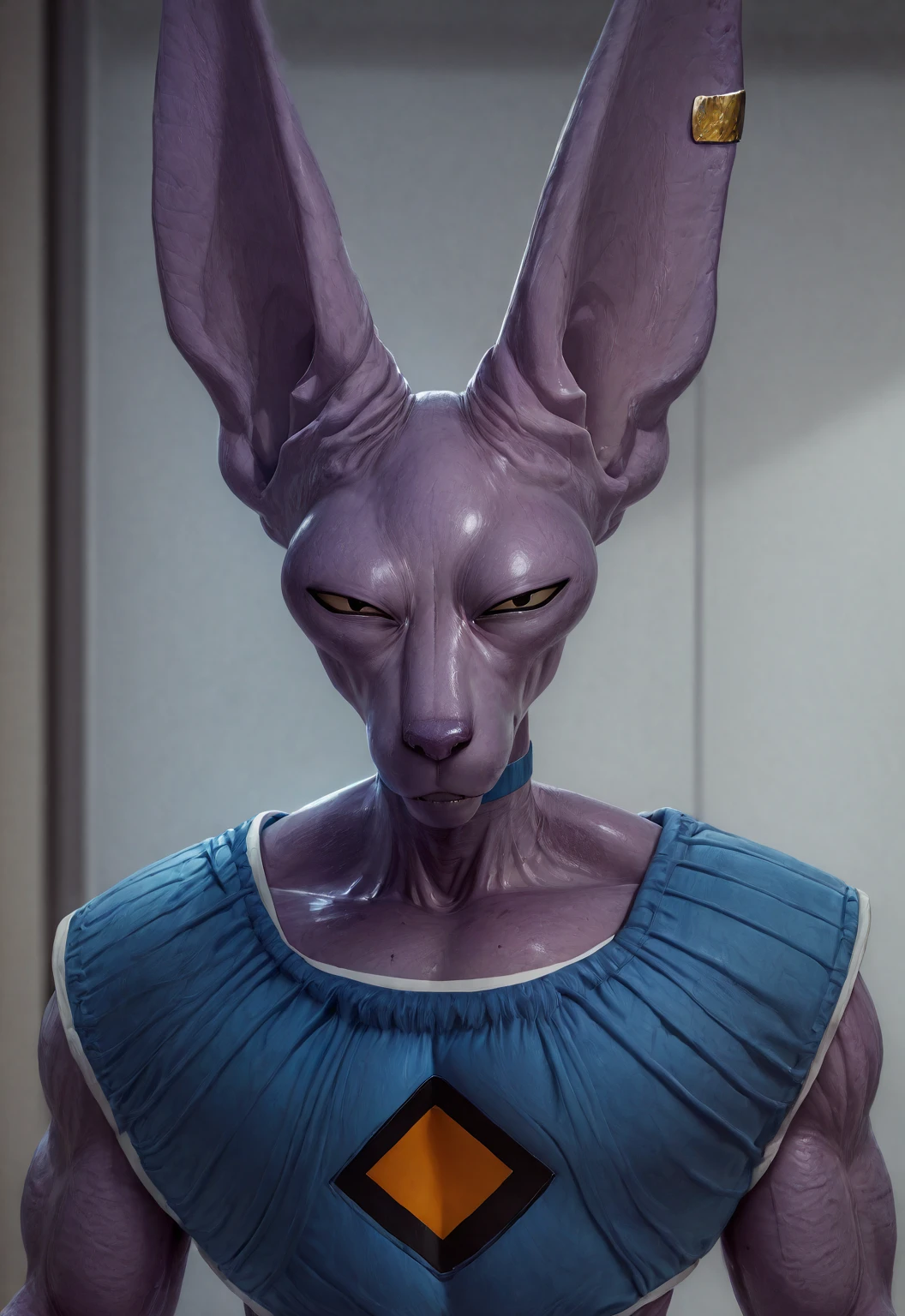 Bills, beerus, Dragon Ball Super, purple cat-like humanoid, the second, skinny, muscular, ABS, (detailed:1.3), prominent pectorals, naked, male, uncut penis, agitated expression sticking out tongue and blushing, Bottom of a bathroom