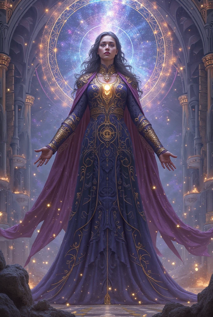 A distant cosmic being on his back and standing with a pink and violet cloak, entrando em um portal em forma de U invertido. The cosmic female being has an ancient wooden staff in one hand touching the water ground and in the other hand a lit lantern, em um pano de fundo de violeta, azul, e roxo. A sky full of stars, com um grande, Lua Cheia Brilhante.